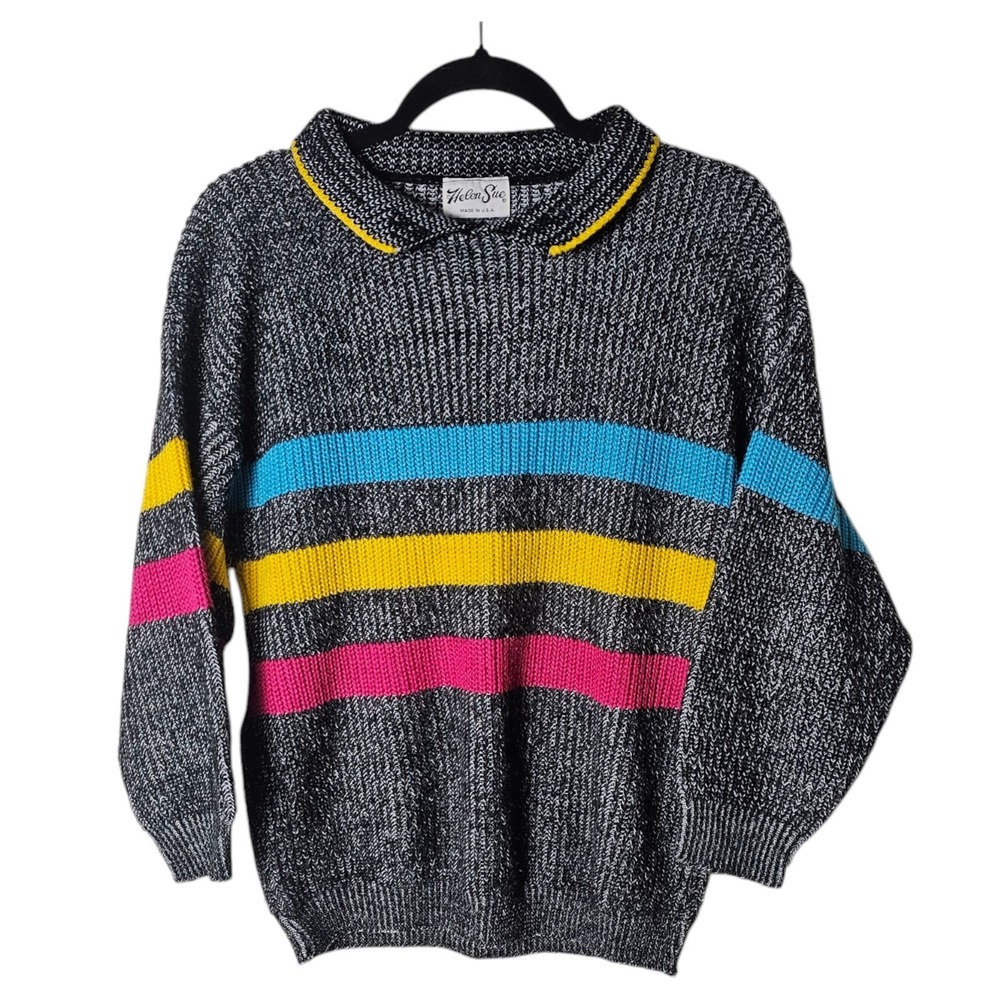 VTG Helen Sue M*‎ Stripe Sweater Colorblock Collar 3/4 Sleeve Made USA 80s 90s